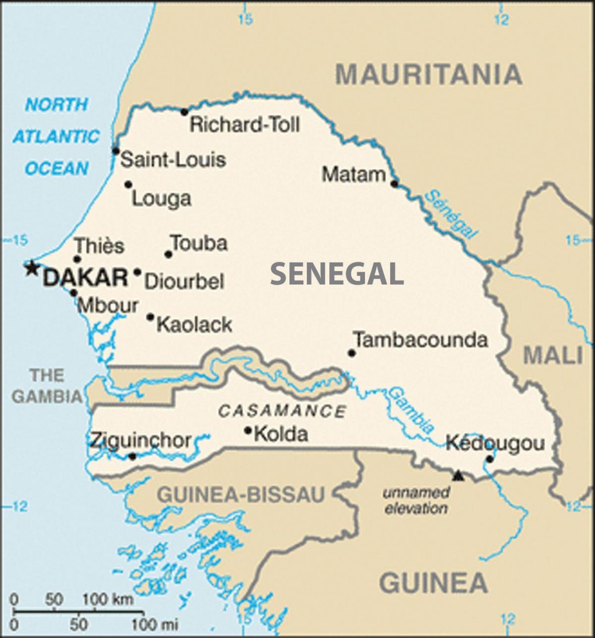 kaart van Senegal en de omliggende landen