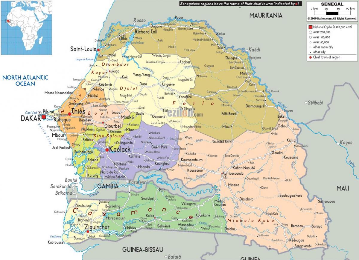 Senegal land in de kaart van de wereld